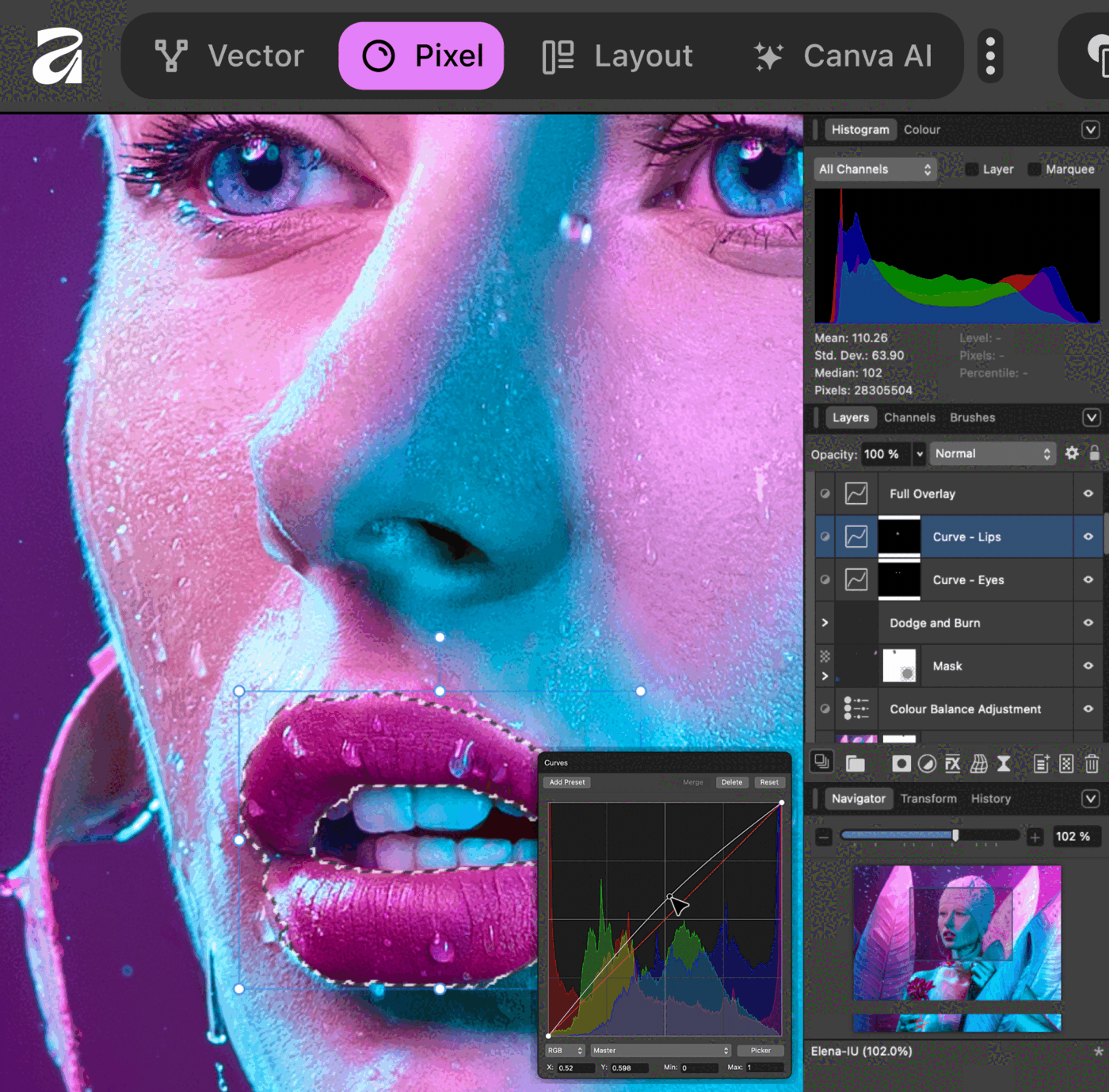 Ảnh chụp màn hình ứng dụng Affinity của Canva: trên cùng là thanh chuyển chế độ Vector – Pixel – Layout – Canva AI trong cùng một app; bên phải là bảng Histogram, bảng Layers chứa các lớp điều chỉnh không phá huỷ (Full Overlay, Curve – Lips, Curve – Eyes, Dodge and Burn, Mask, Colour Balance Adjustment) kèm mặt nạ; giữa khung là hộp thoại Curves đang kéo đường cong RGB trên vùng môi đã được chọn của một ảnh chân dung.